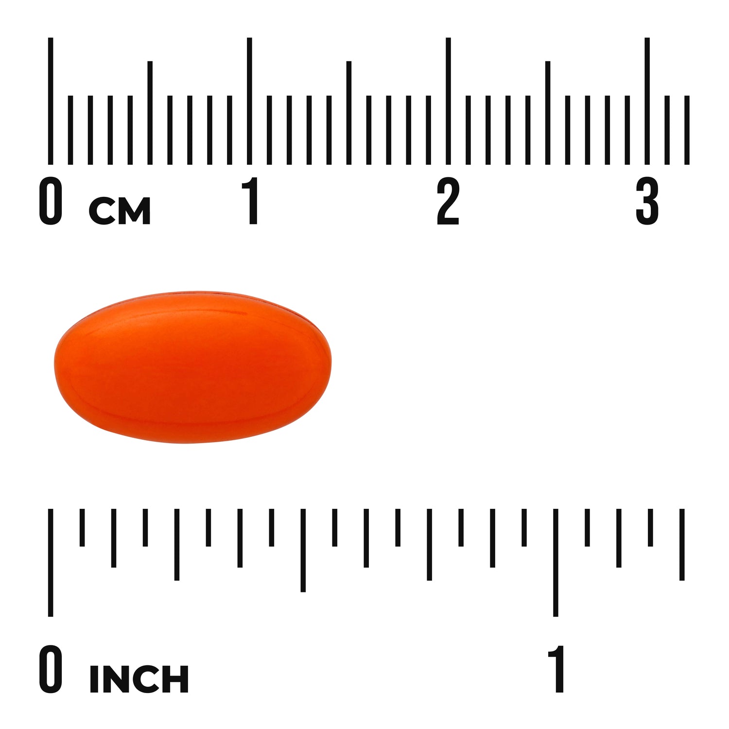SWU611 | Orange oval softgel shown beside rulers labeled cm and inch to indicate size