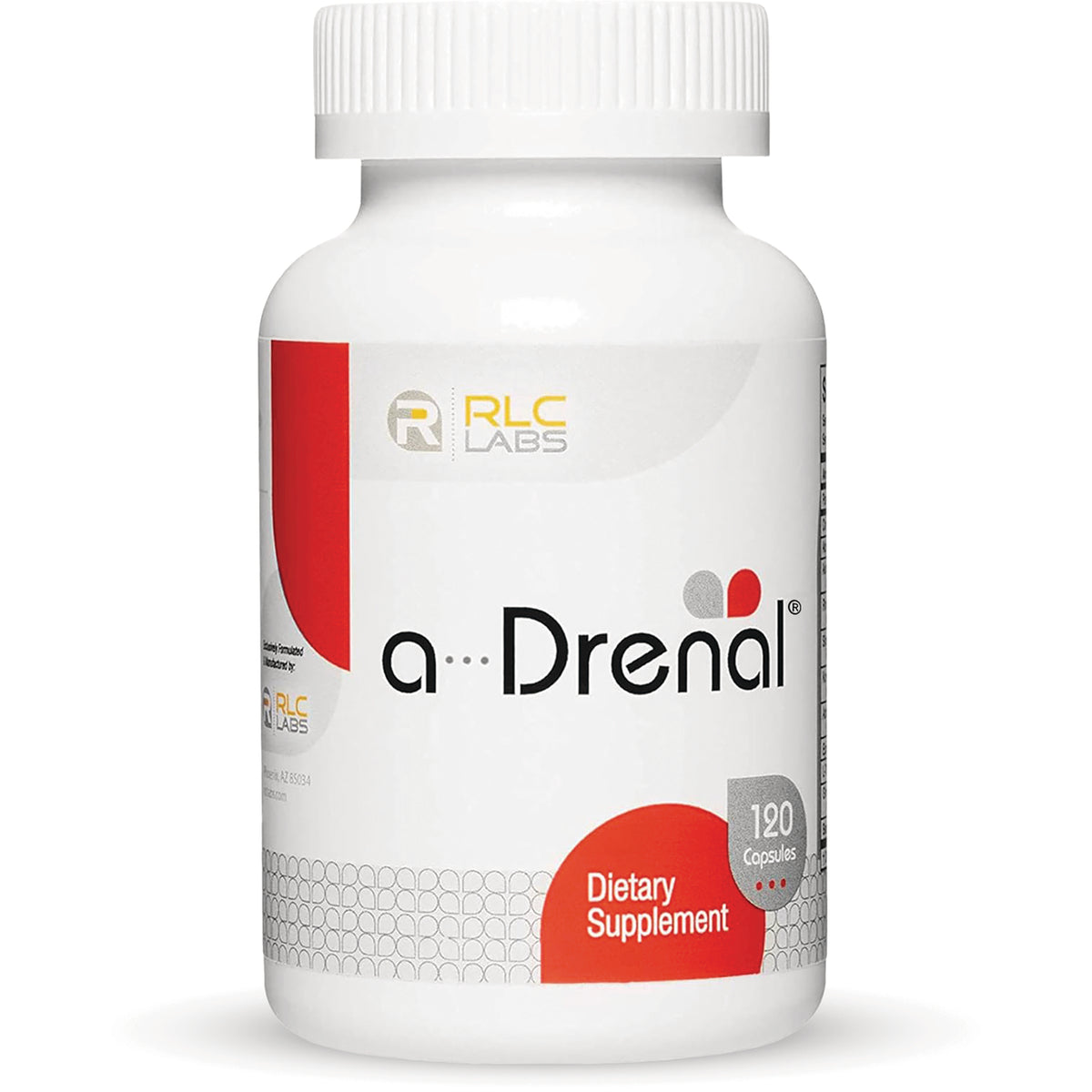 RLC001 | White supplement bottle labeled a-Drenal Dietary Supplement 120 Capsules with RLC Labs logo