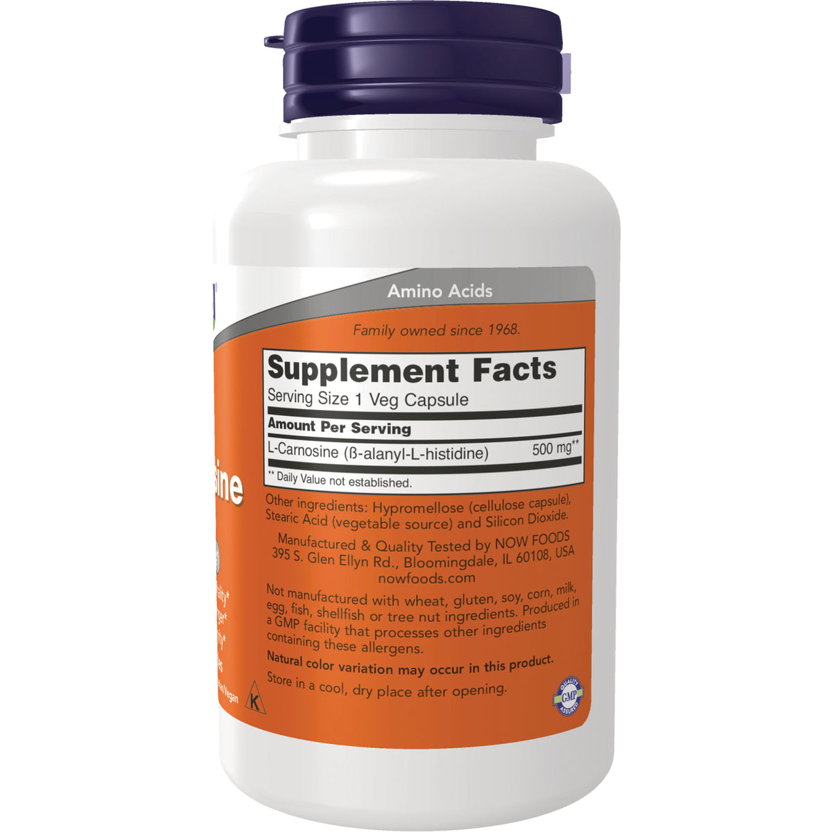 NWF1325 | Back of white supplement bottle with orange label showing Supplement Facts panel and L-Carnosine 500 mg ingredient