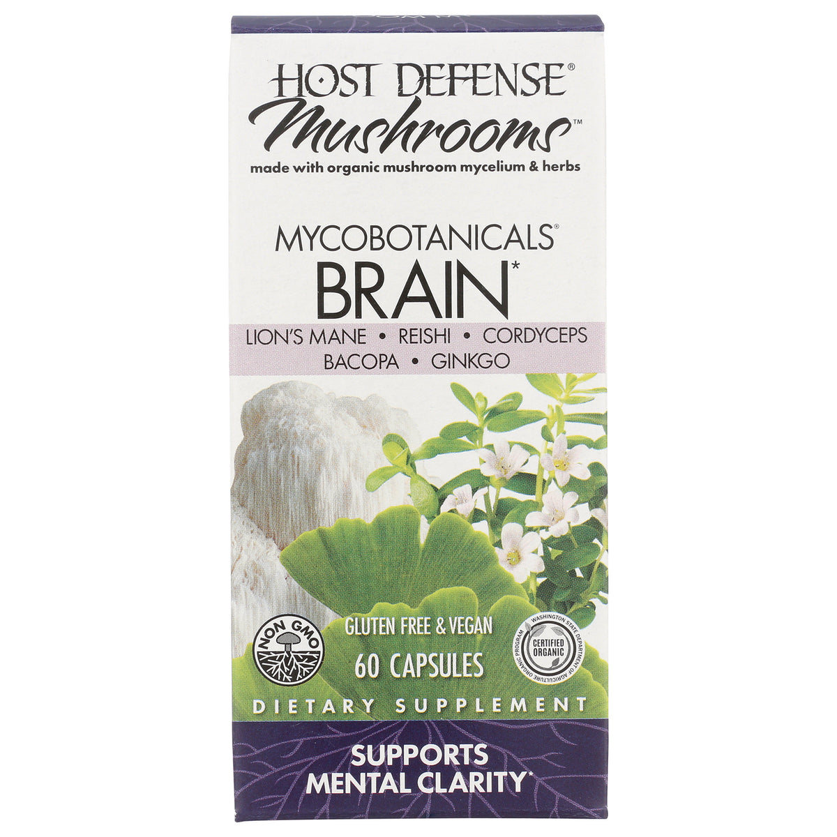 FUN024 | Host Defense Mushrooms Mycobotanicals BRAIN supplement box, 60 capsules, gluten free & vegan, supports mental clarity