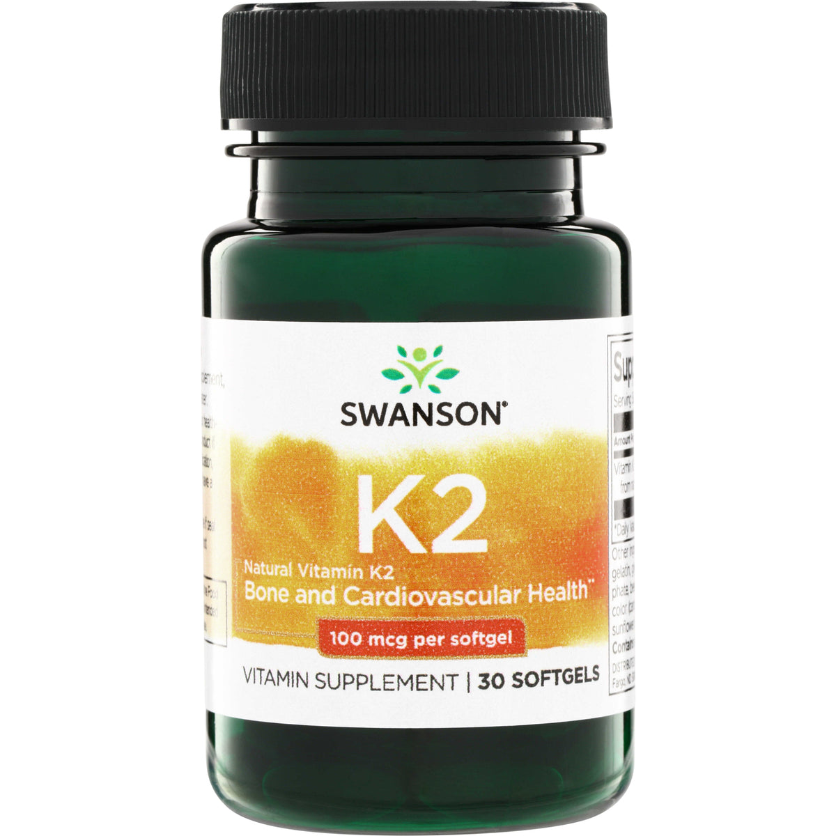 SWU672 | Swanson K2 supplement bottle, Natural Vitamin K2, Bone and Cardiovascular Health, 100 mcg per softgel, 30 softgels
