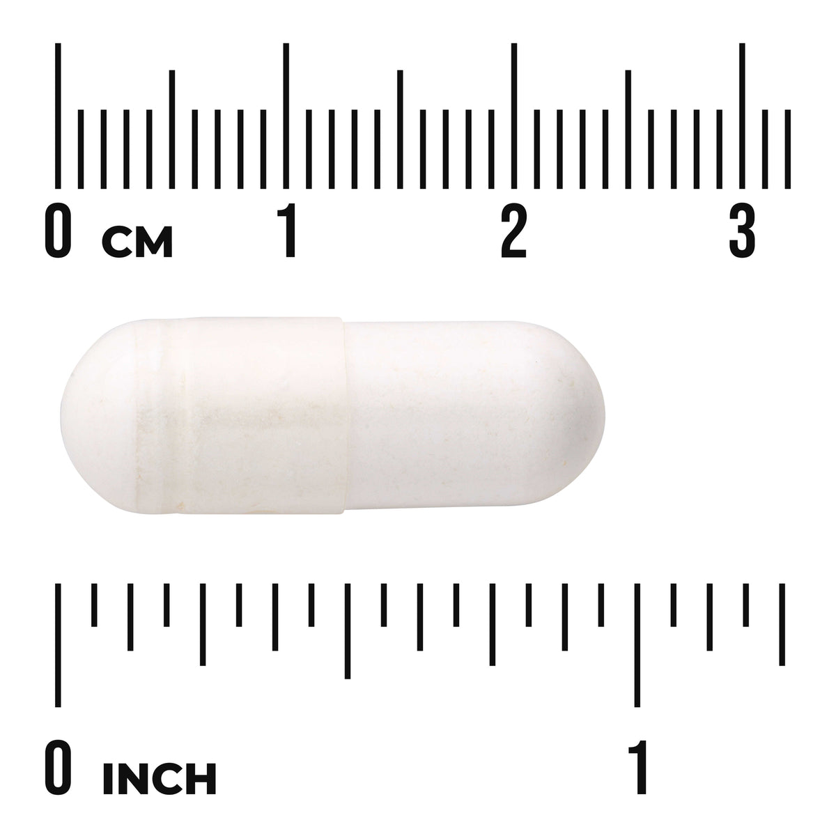 SWU418 | White two-piece capsule on centimeter and inch rulers showing about 2.5 cm length, visible text "0 CM" and "0 INCH"
