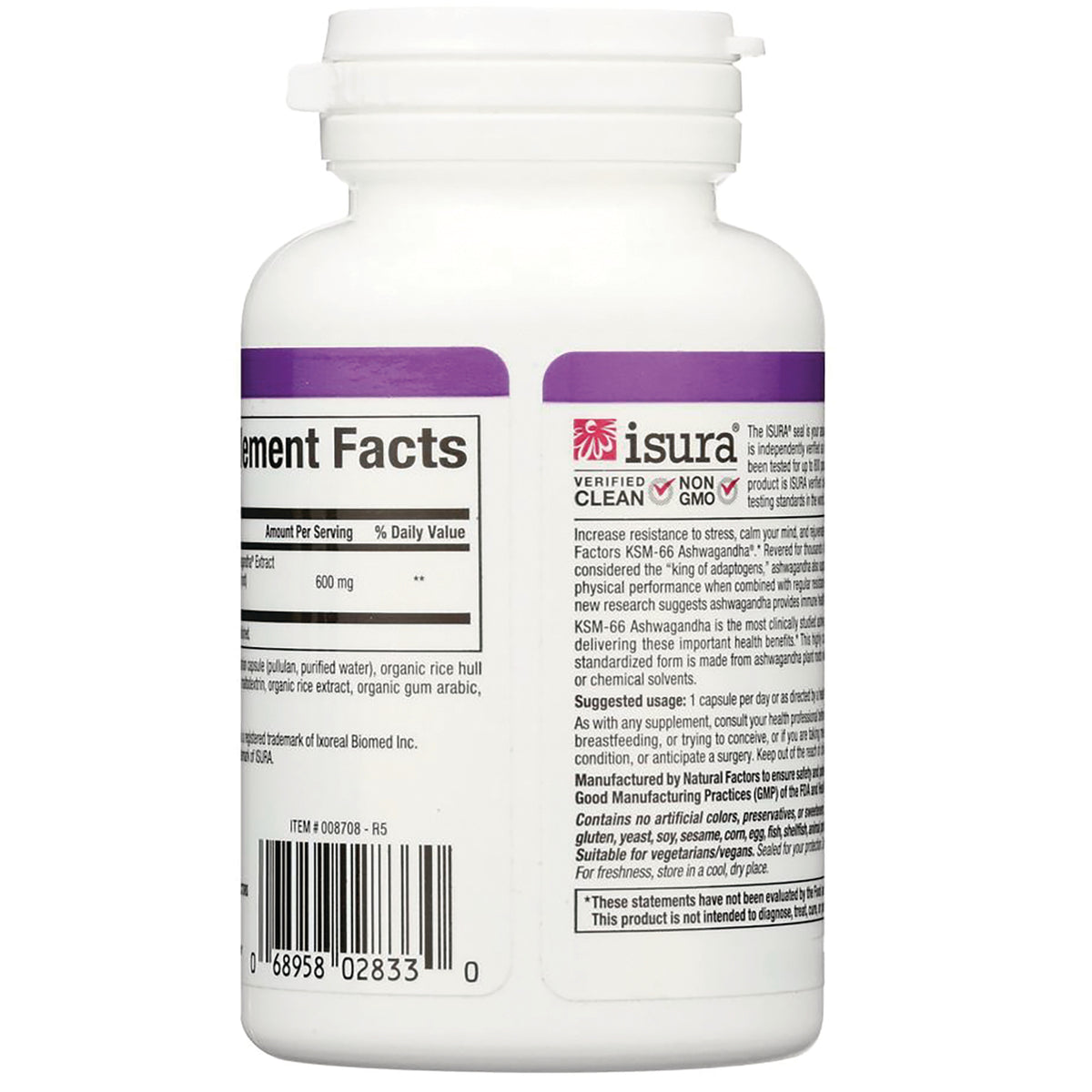 NFC155 | Back of white supplement bottle showing Supplement Facts panel, barcode, and isura certification text