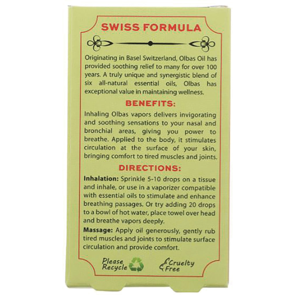 OLB005 | Back of green Olbas Oil box with SWISS FORMULA header, benefits and directions text - Thumbnail