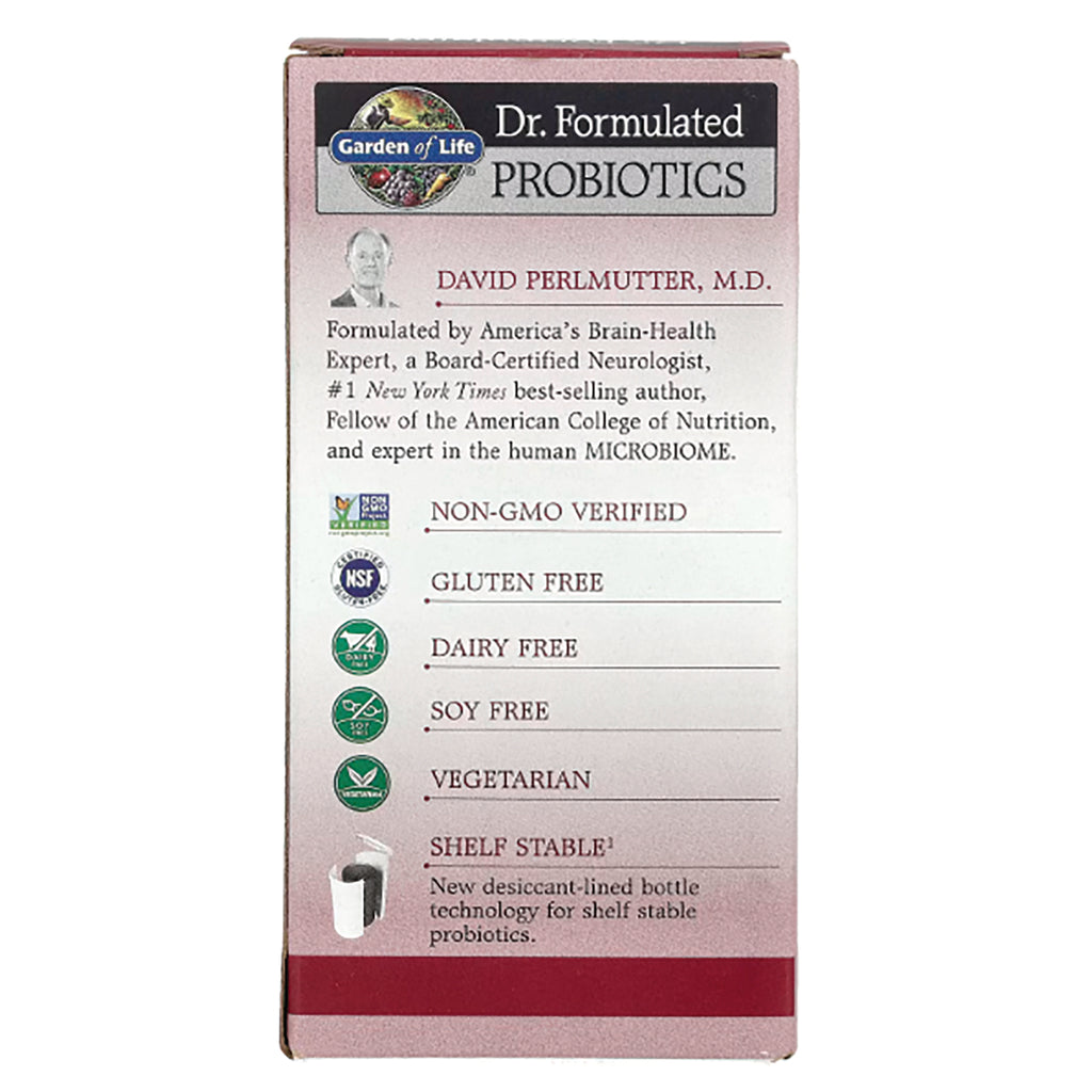 GLF221 | back panel of Garden of Life Dr. Formulated Probiotics listing Non-GMO verified, gluten free, dairy free, soy free, vegetarian, shelf stable - Thumbnail