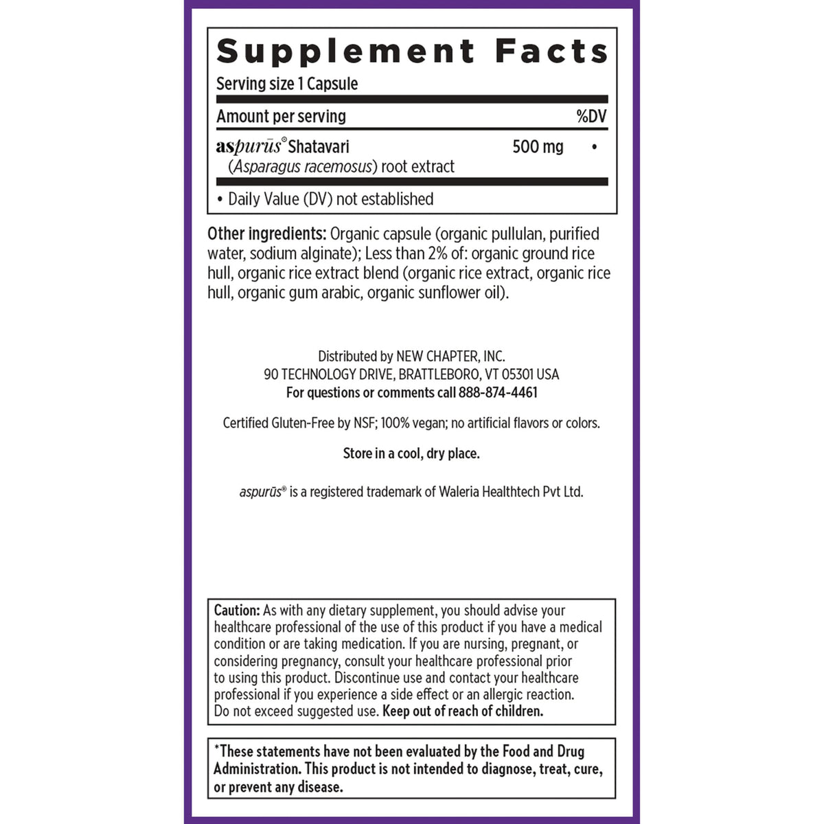 NWC398 | Supplement Facts panel for aspurus Shatavari capsules, 500 mg per serving, with ingredients and caution text