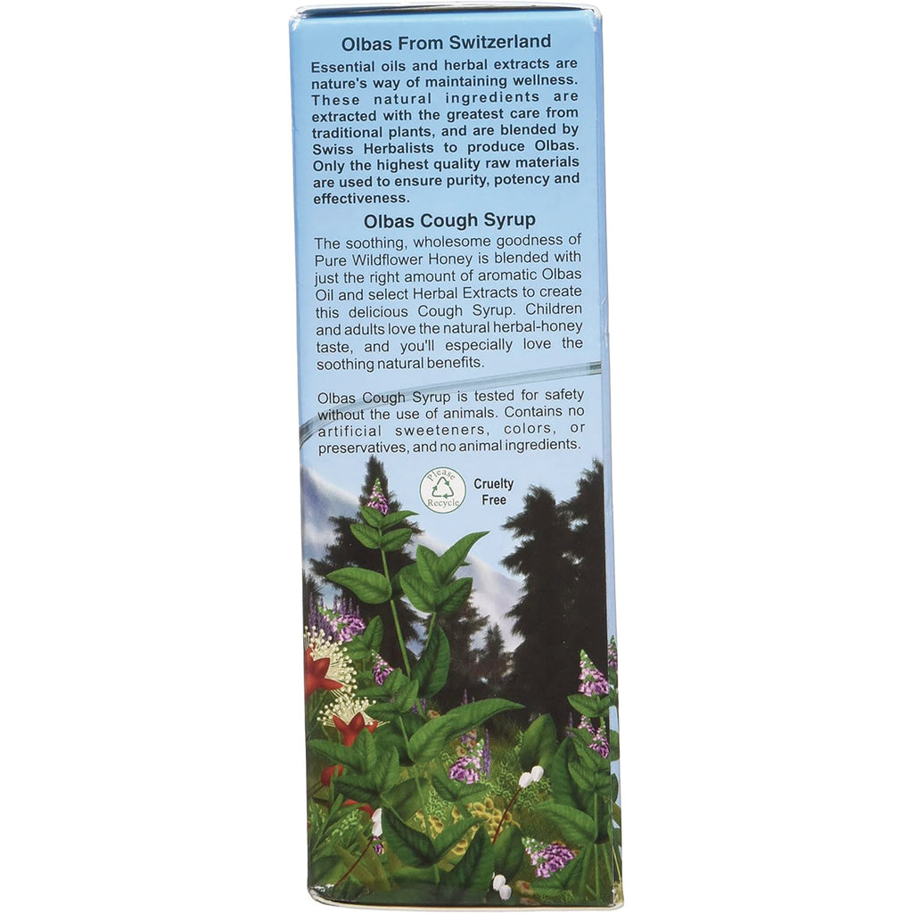 OLB003 | back of Olbas Cough Syrup box with product description text, cruelty free icon and floral illustration - Thumbnail