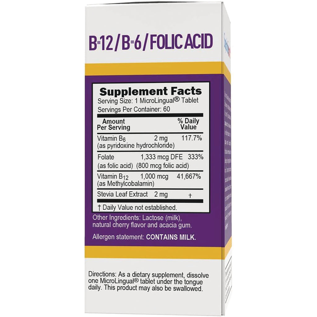 SUS007 | B-12/B-6/Folic Acid box back with Supplement Facts panel and directions - Thumbnail
