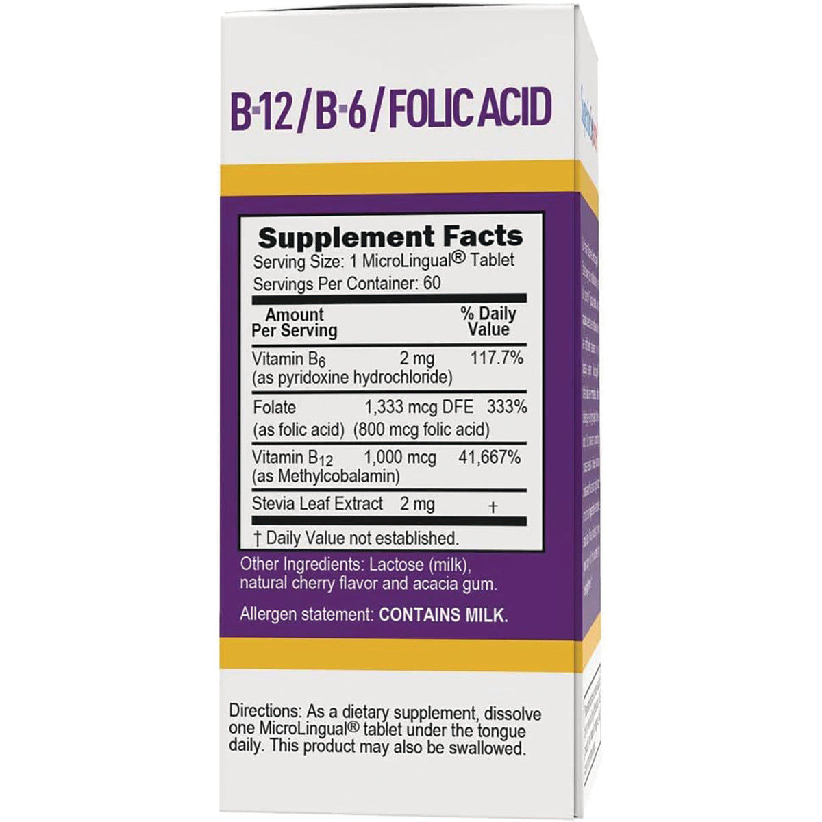 SUS007 | B-12/B-6/Folic Acid box back with Supplement Facts panel and directions