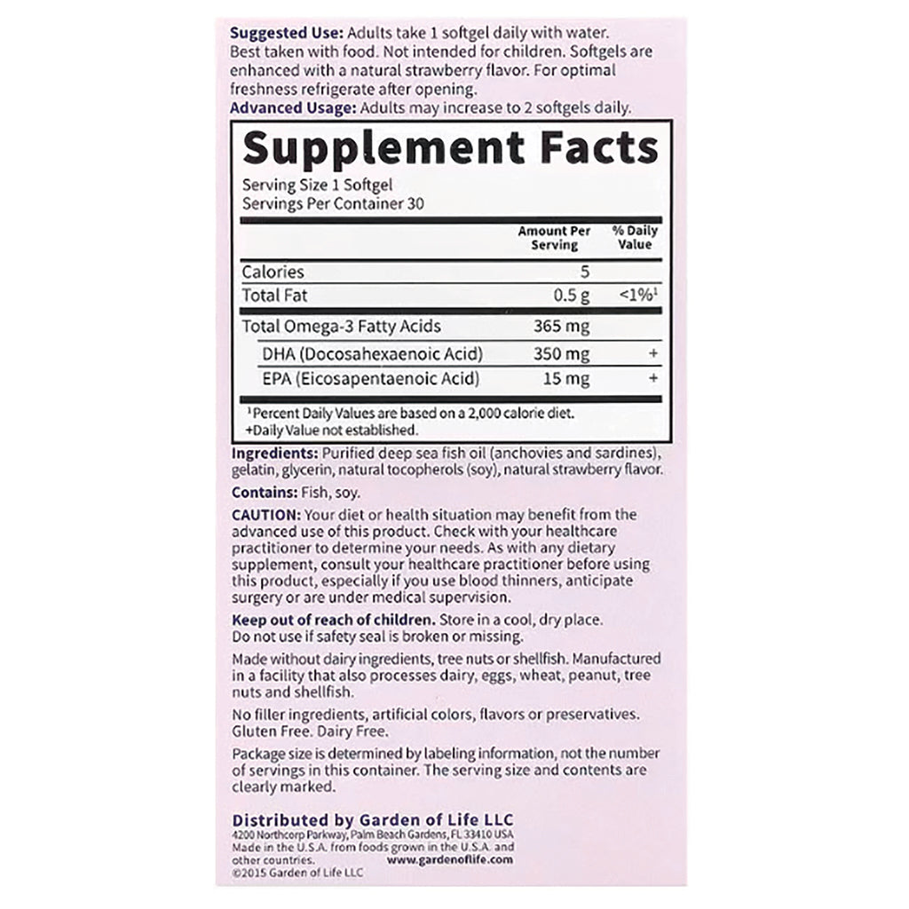 Supplement Facts label showing serving size 1 softgel, Total Omega-3 365 mg (DHA 350 mg, EPA 15 mg), ingredients and cautions - Thumbnail