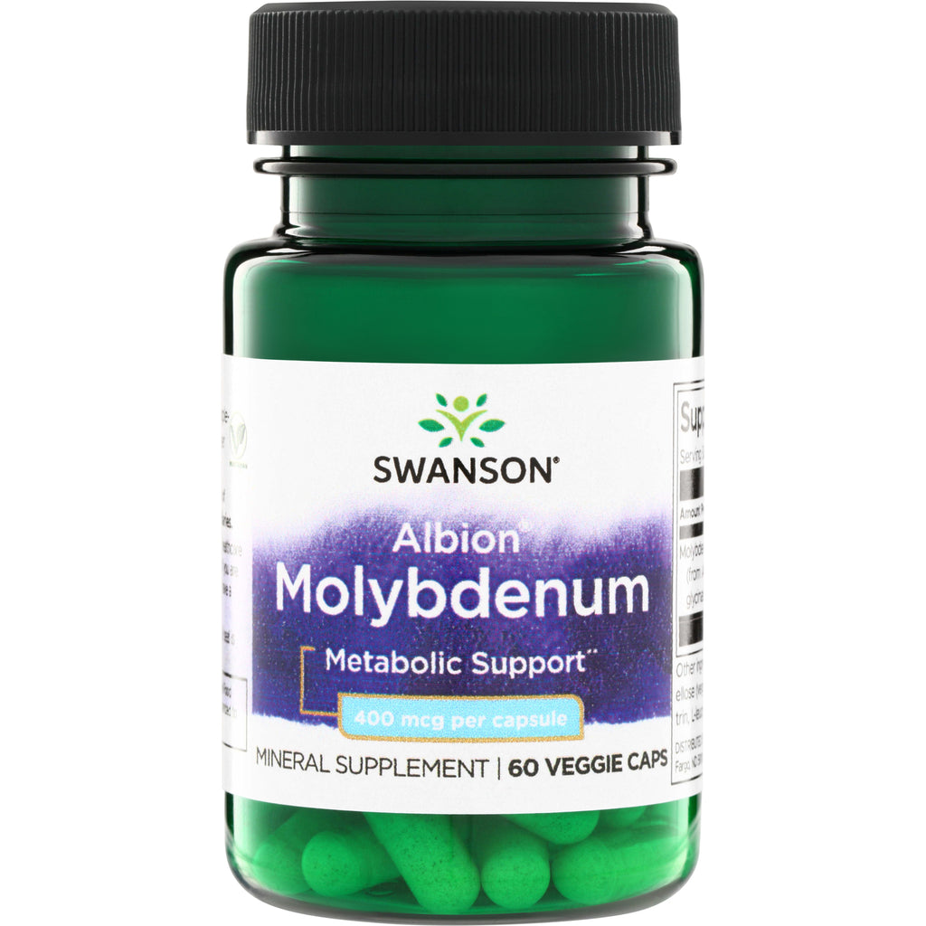 SWU838 | Swanson Albion Molybdenum supplement bottle, Metabolic Support, 400 mcg per capsule, 60 veggie caps - Thumbnail