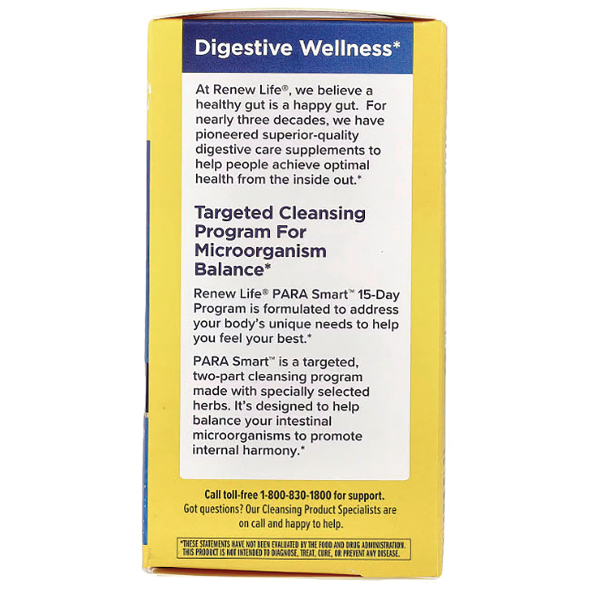 RNL035 | back panel of yellow Renew Life PARA Smart box showing Digestive Wellness header and program description