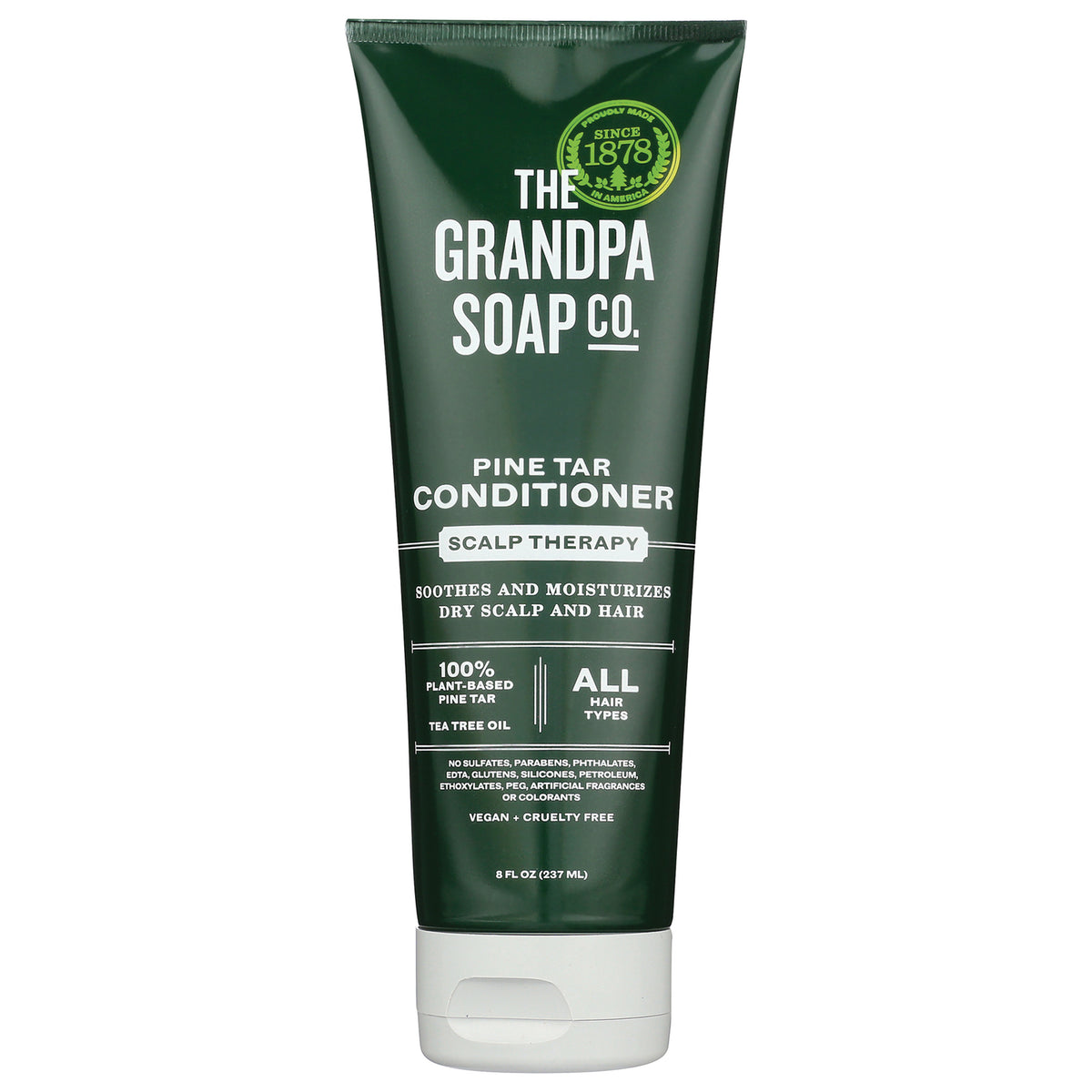 Dark green tube of The Grandpa Soap Co. Pine Tar Conditioner labeled Scalp Therapy front view 8 fl oz