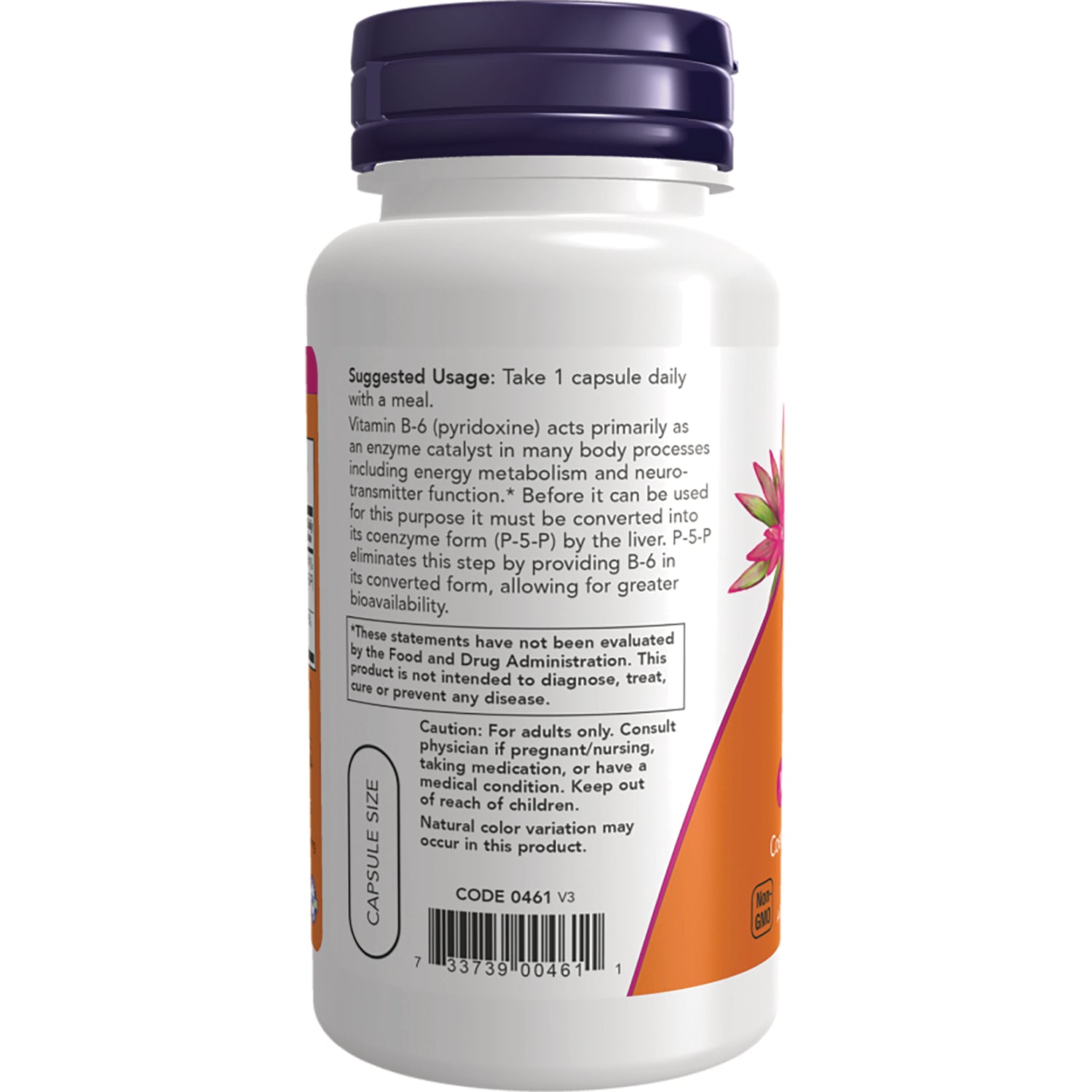 NWF1371 | back label of white supplement bottle showing suggested usage, caution text, and barcode