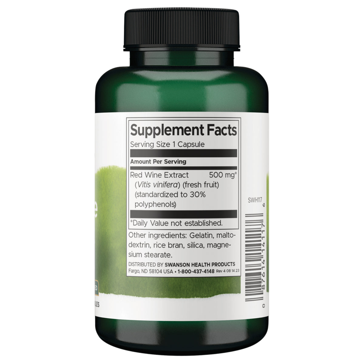 SWH117 | Back label with Supplement Facts for Red Wine Extract 500 mg capsule; ingredients and barcode visible