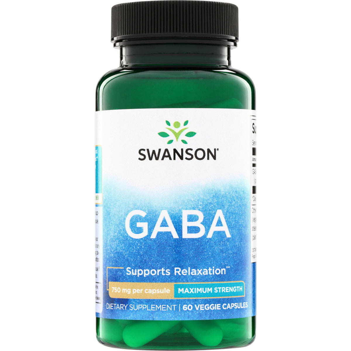 SWU676 | Swanson GABA supplement bottle front, Supports Relaxation, 750 mg per capsule, Maximum Strength, 60 veggie capsules