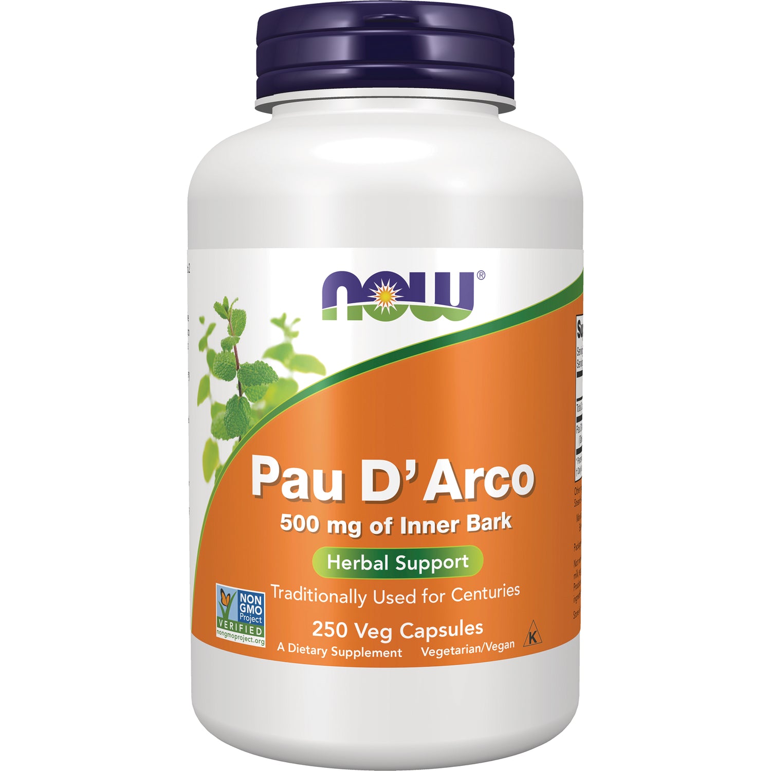 NWF563 | NOW Pau D'Arco 500 mg inner bark herbal support bottle, 250 veg capsules front label