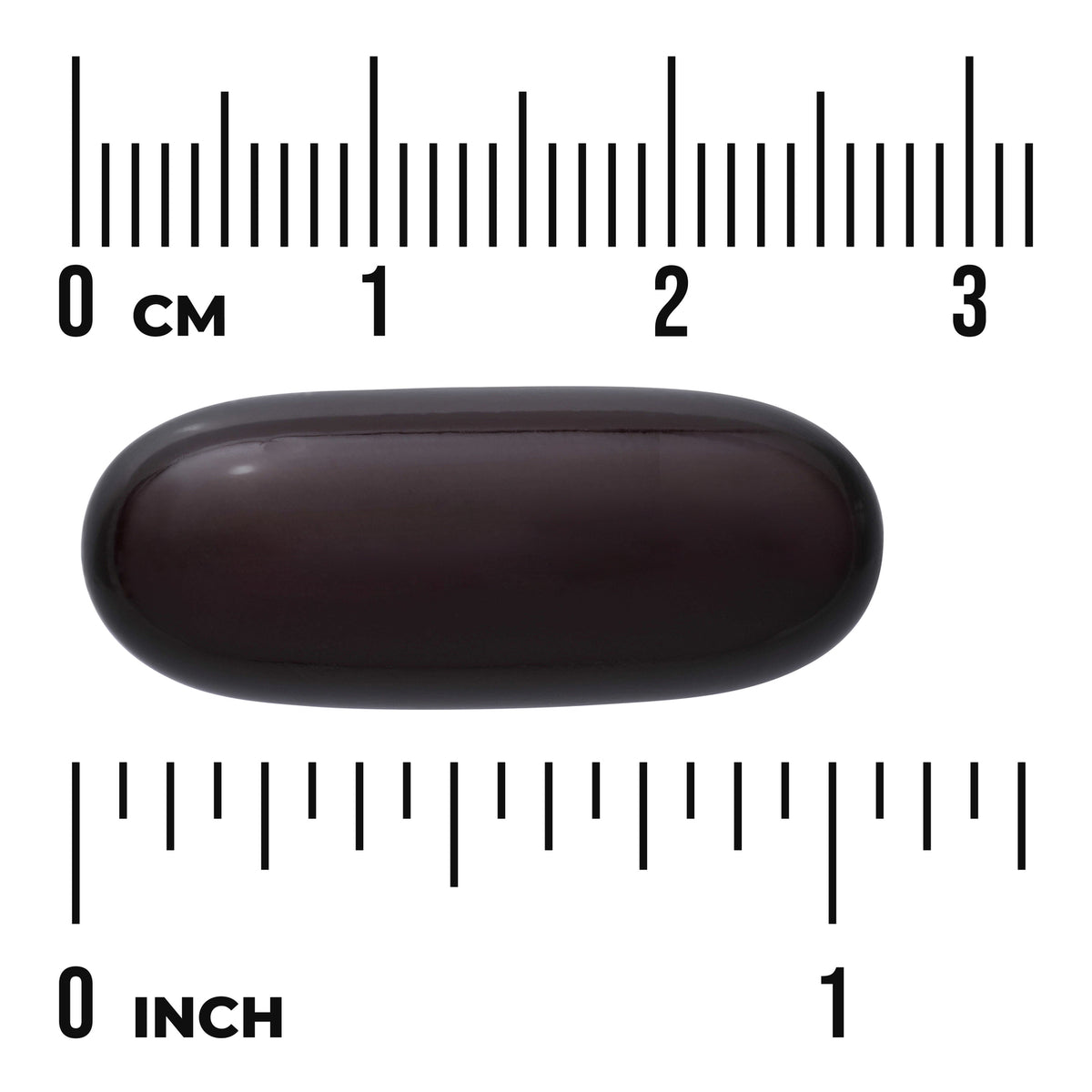 SWU155 | Dark oval softgel with inch and centimeter rulers for size reference