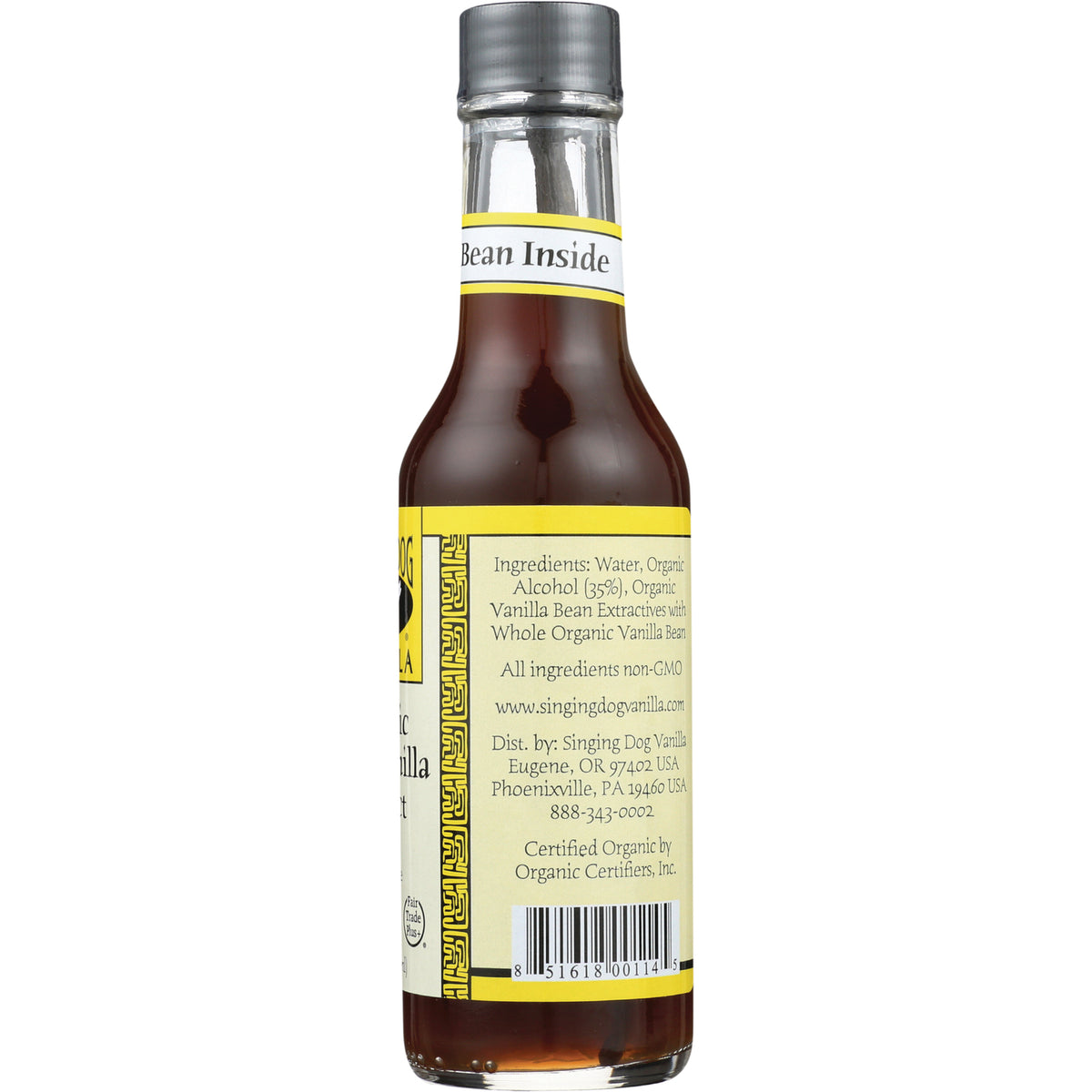 SDV004 | Back label of glass vanilla extract bottle showing ingredients, distributor info and barcode