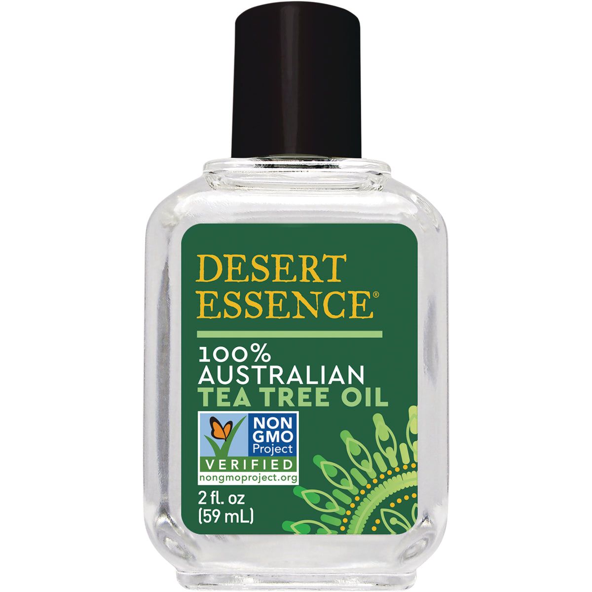 DST034 | Desert Essence 100% Australian tea tree oil 2 fl oz clear glass bottle with green label and black cap
