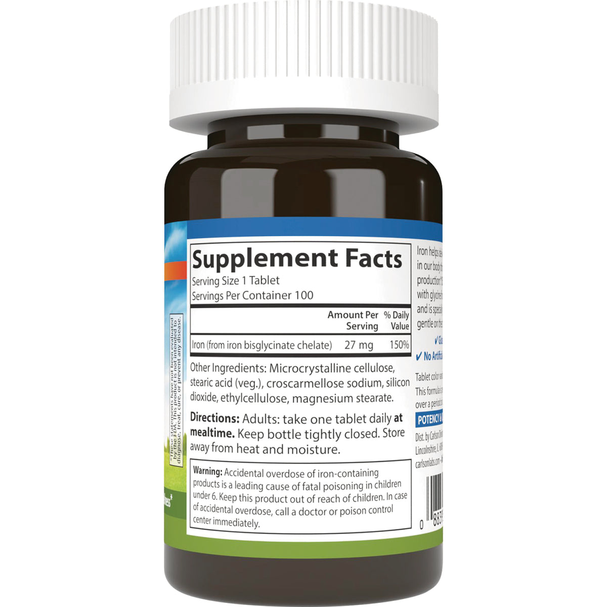 CSN198 | back of brown supplement bottle showing Supplement Facts label with Iron 27 mg, directions and warning