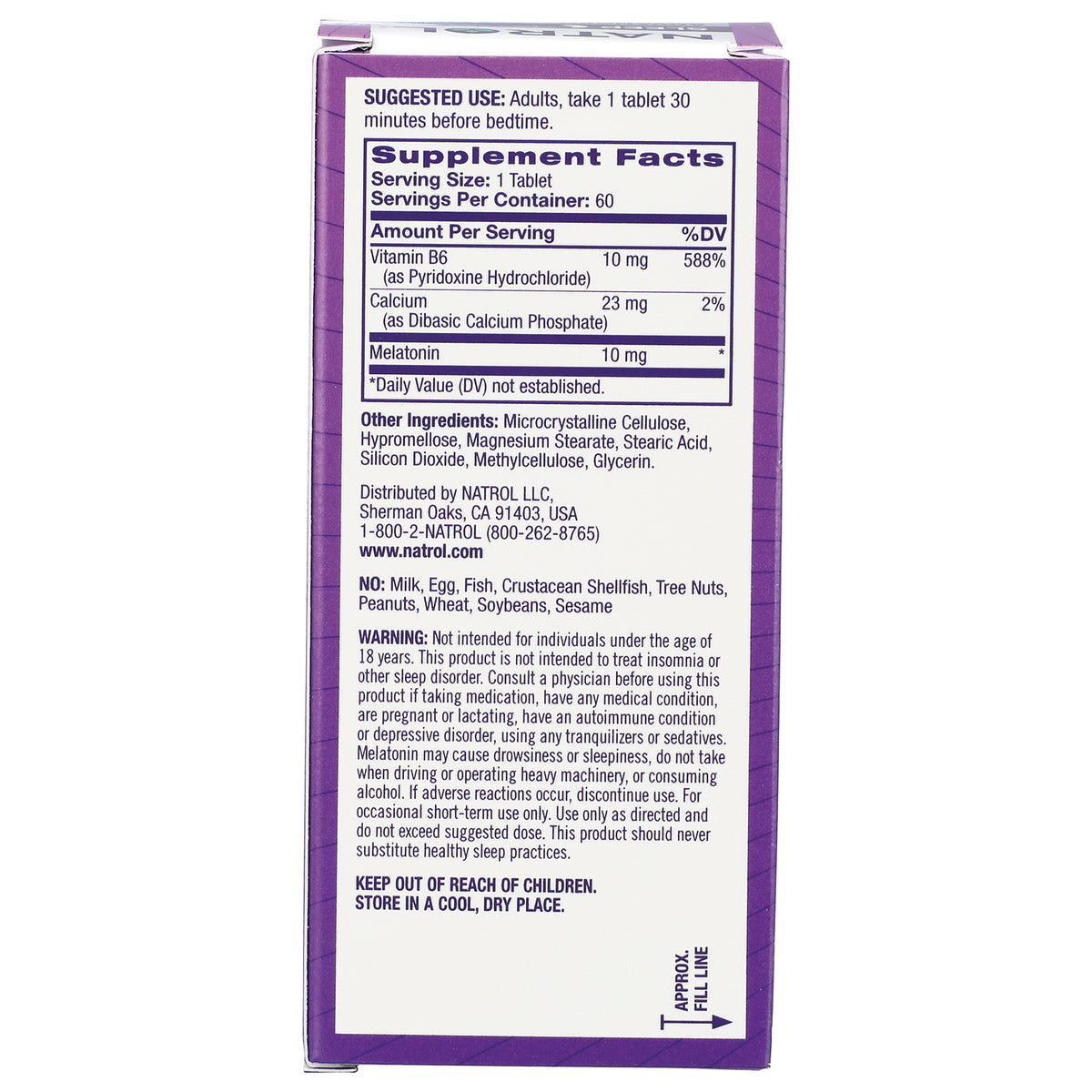 NA504 | back panel with Supplement Facts listing melatonin 10 mg, ingredients, warnings and storage instructions