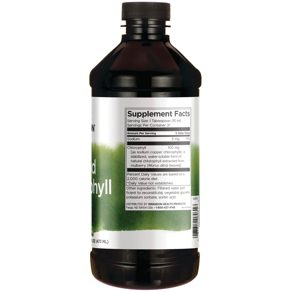 SWR031 | Supplement Facts panel with serving size, sodium 5 mg, chlorophyll 100 mg, suggested use, and warnings - Thumbnail