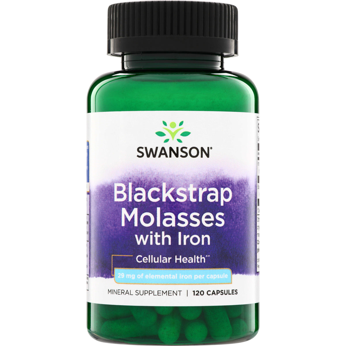 SW1214 | Swanson Blackstrap Molasses with Iron mineral supplement, 29 mg elemental iron per capsule, 120 capsules bottle
