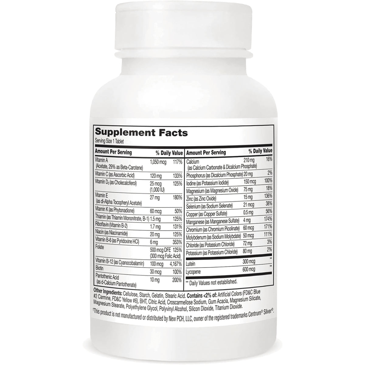 CNT281 | Supplement facts nutrition label on back of white supplement bottle listing vitamins and minerals