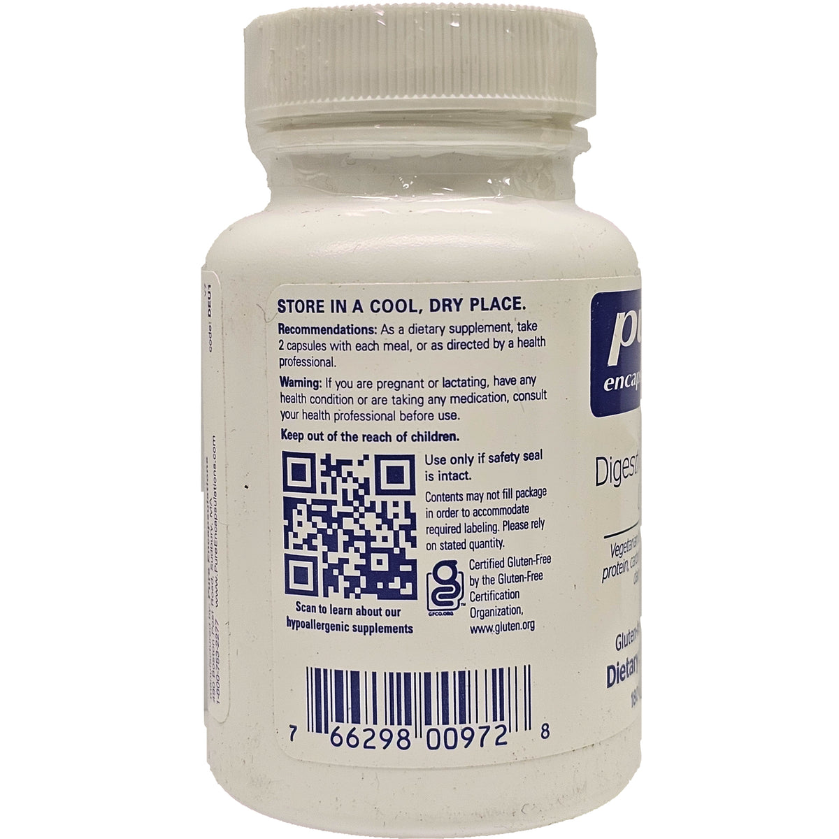 PRN007 | Back of white supplement bottle showing storage instructions, QR code, barcode, and warnings