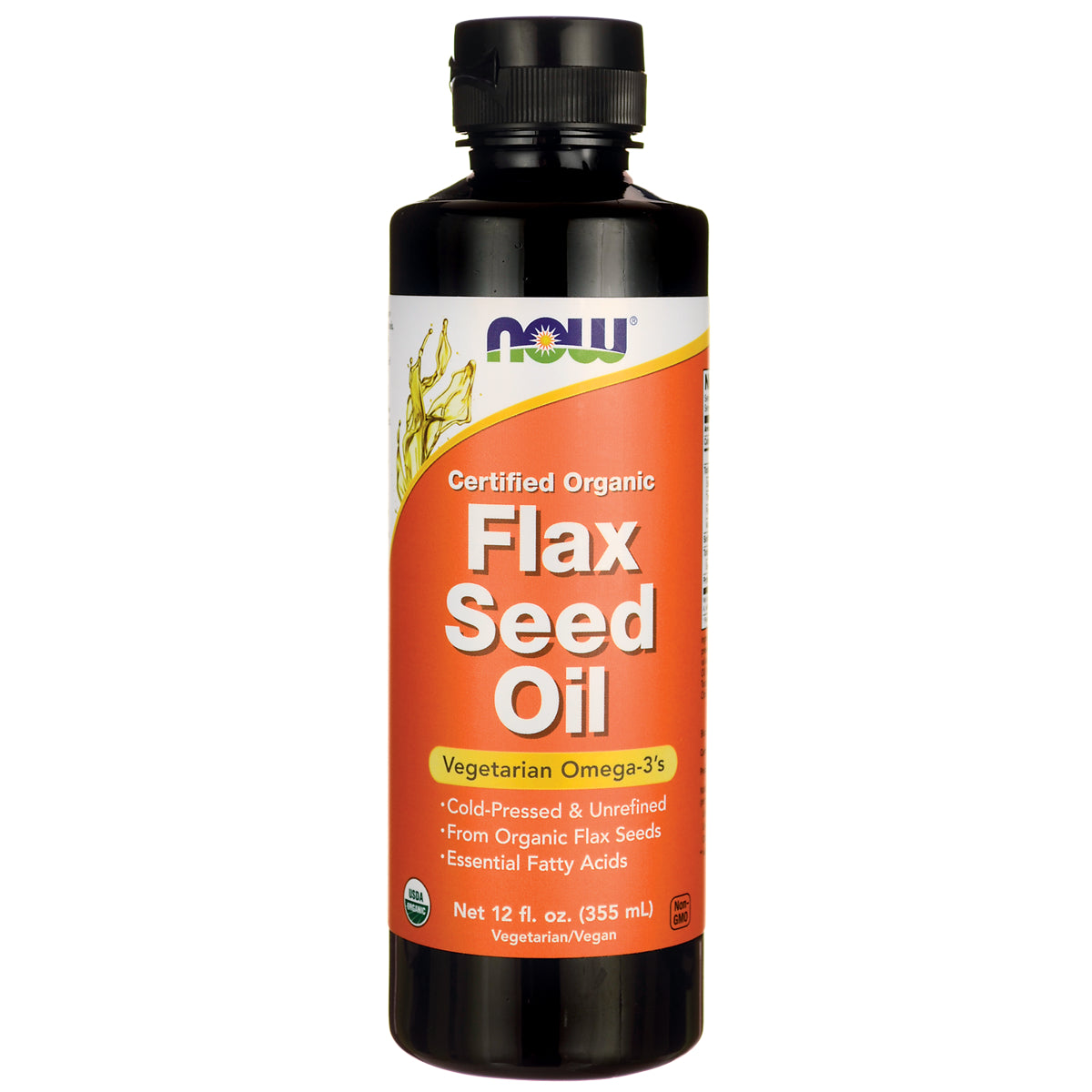 NWF748 | NOW Certified Organic Flax Seed Oil bottle, 12 fl oz, orange label reading Flax Seed Oil and Vegetarian Omega-3's