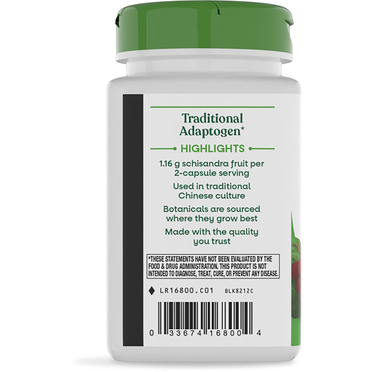 NW165 | Back label of white supplement bottle reading TRADITIONAL ADAPTOGEN with descriptive text about Schisandra and a barcode
