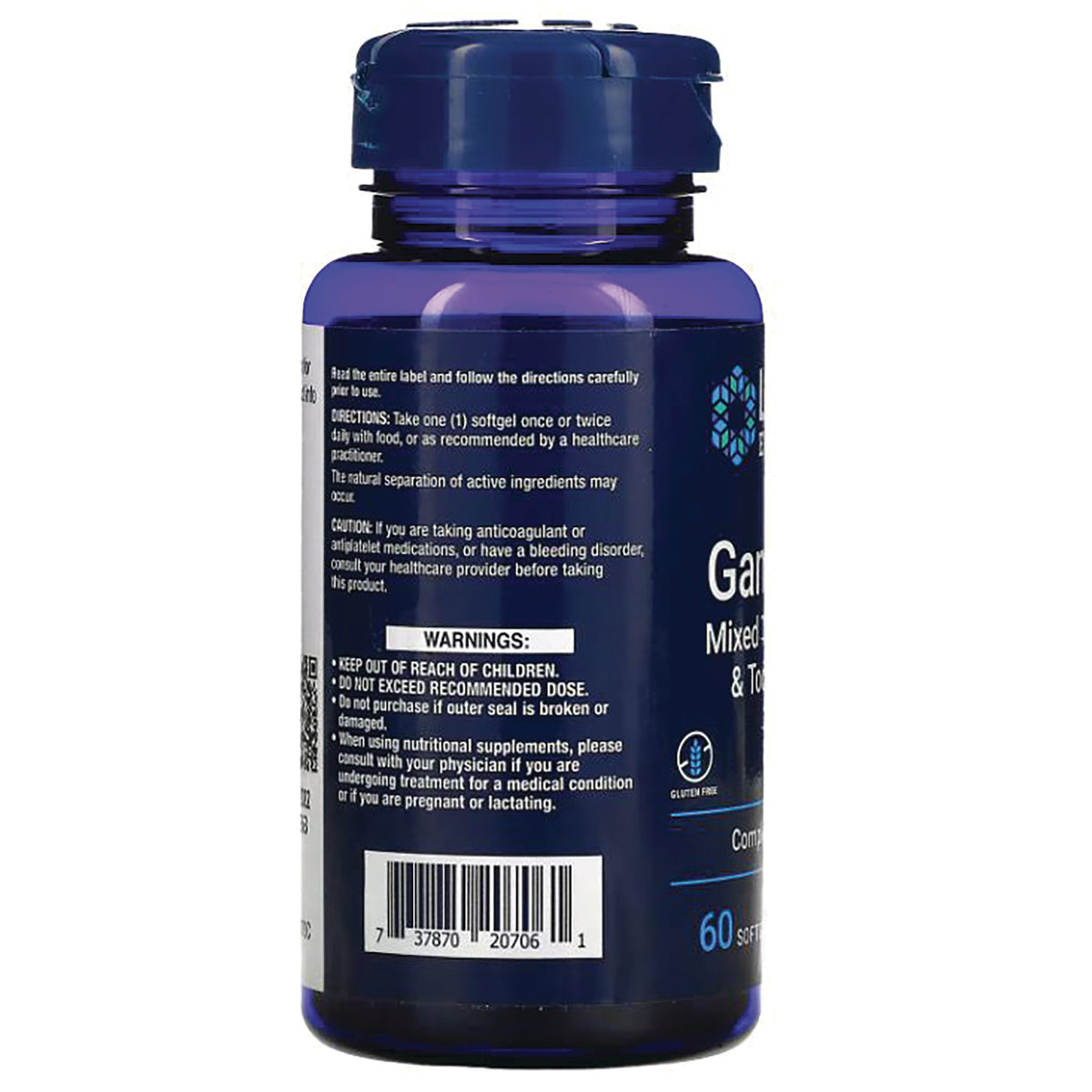 LE404 | Back label of blue supplement bottle showing directions, warnings, barcode and ingredient panel