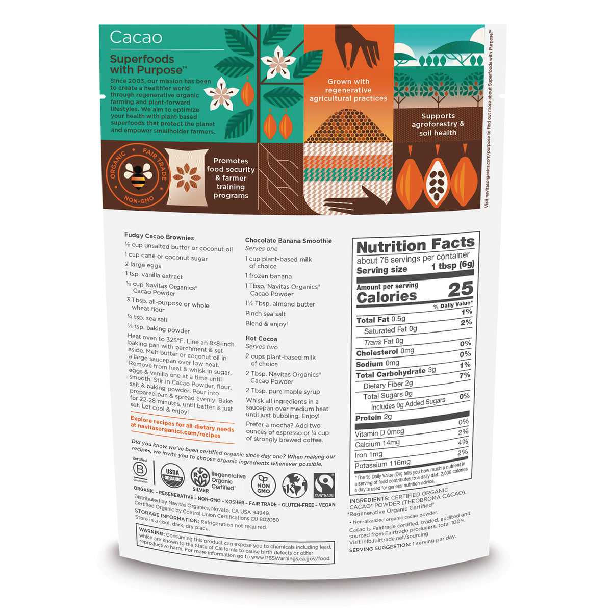 NAV001 | Back of cacao powder pouch showing Nutrition Facts panel, recipes, and certification icons