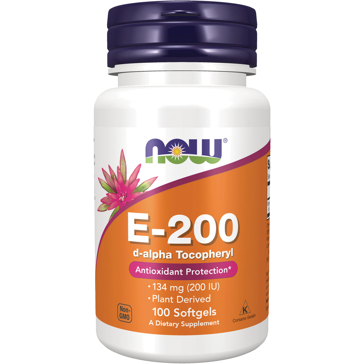 NWF818 | White bottle of NOW E-200 d-alpha Tocopheryl 100 softgels with orange label and Non-GMO badge
