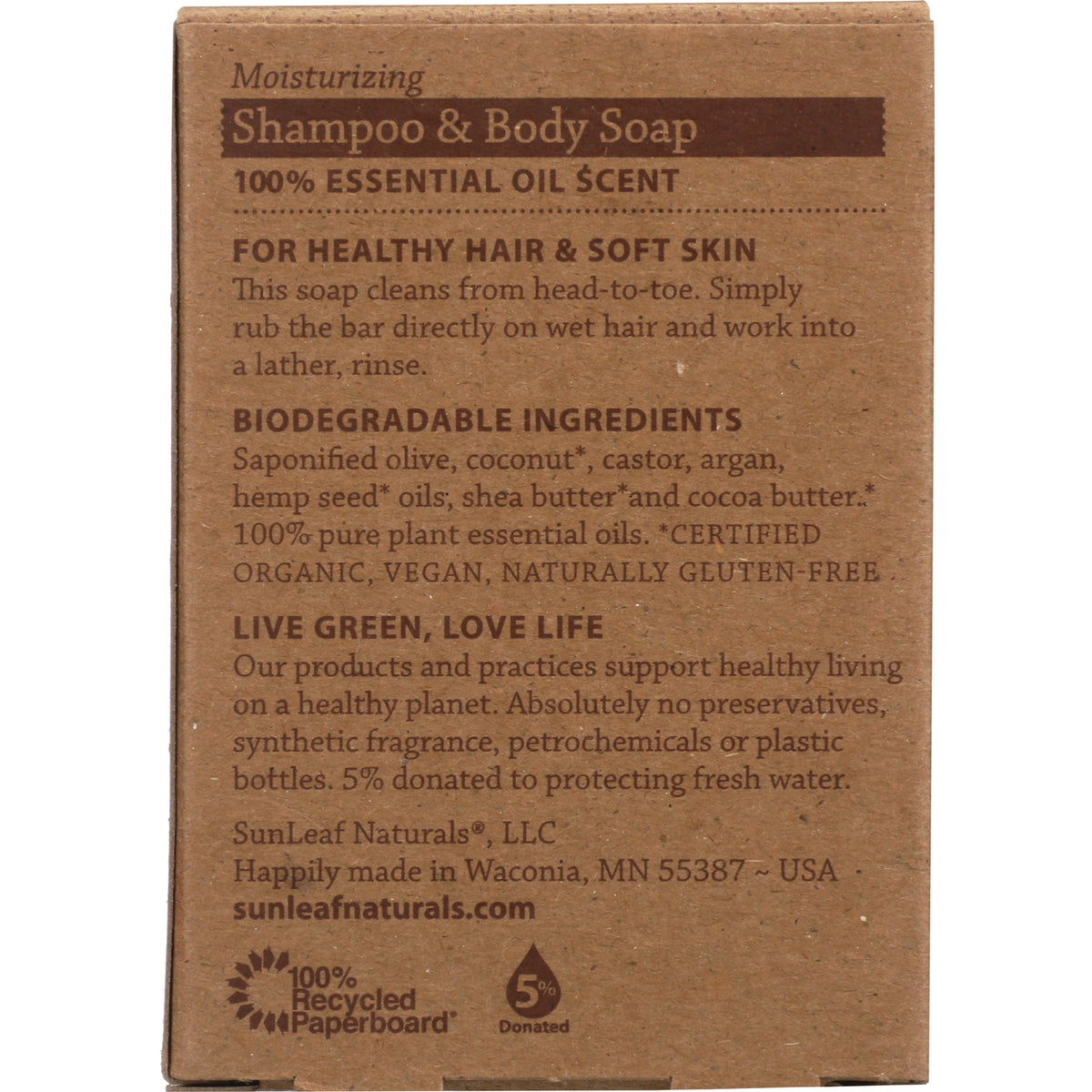 SLN006 | back of brown Shampoo & Body Soap box showing ingredients, company info, and recycling icons