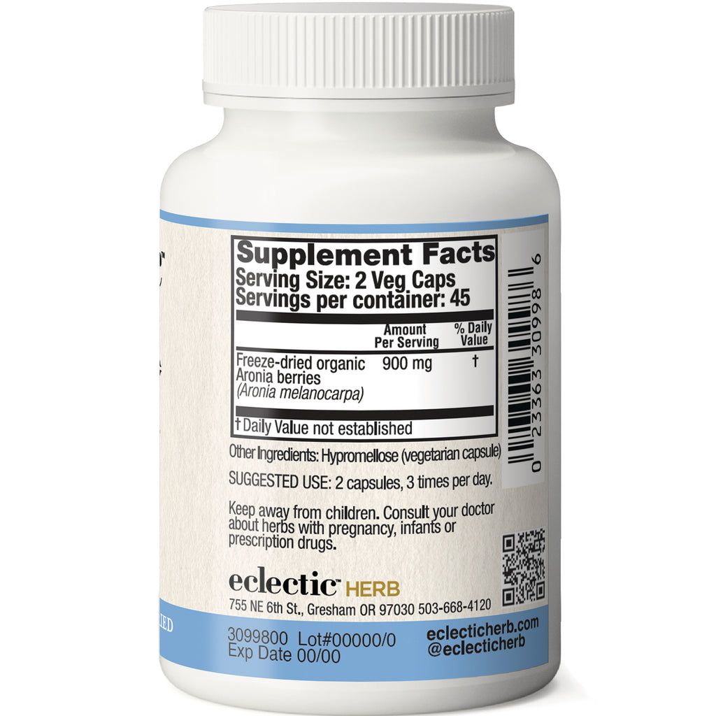 EC019 | Back of white supplement bottle showing Supplement Facts panel, serving size 2 Veg Caps, Freeze-dried organic Aronia berries 900 mg, eclectic HERB - Thumbnail