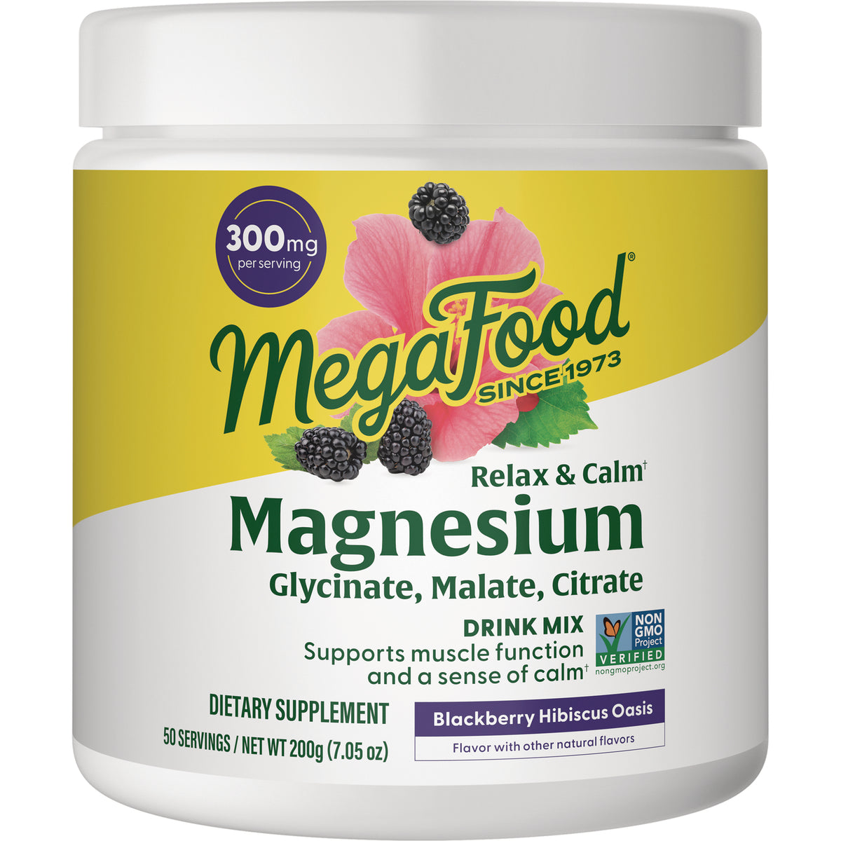 MGF129 | MegaFood Magnesium drink mix container, Blackberry Hibiscus Oasis flavor, label showing 300 mg per serving