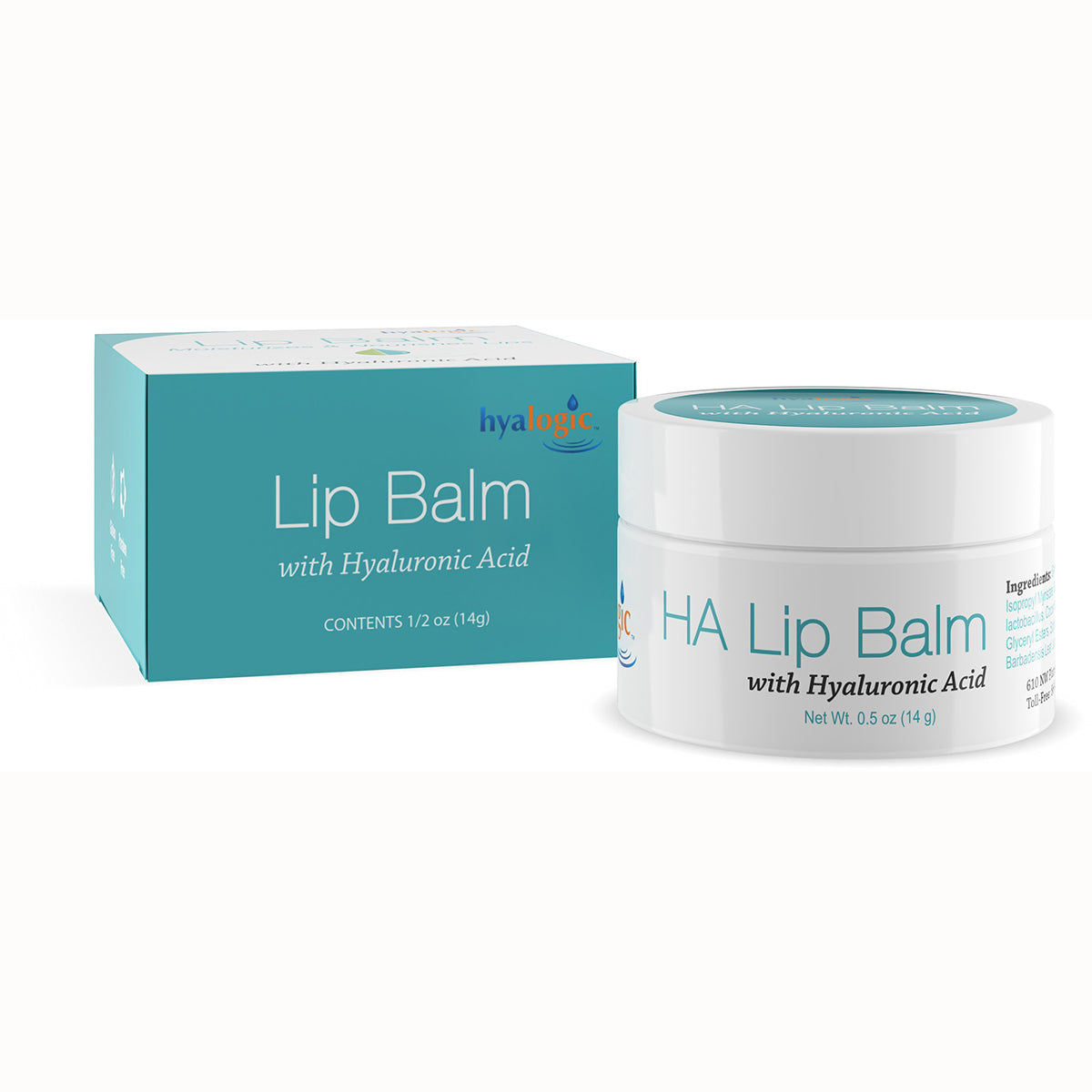 HYL004 | white jar and teal box of HA Lip Balm with Hyaluronic Acid, 0.5 oz (14 g)