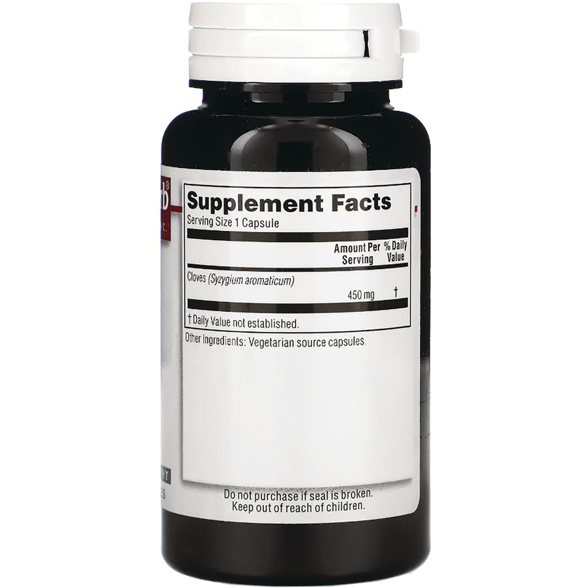 KRG002 | Back of black supplement bottle showing Supplement Facts label, serving size 1 capsule and 450 mg cloves, keep out of reach of children