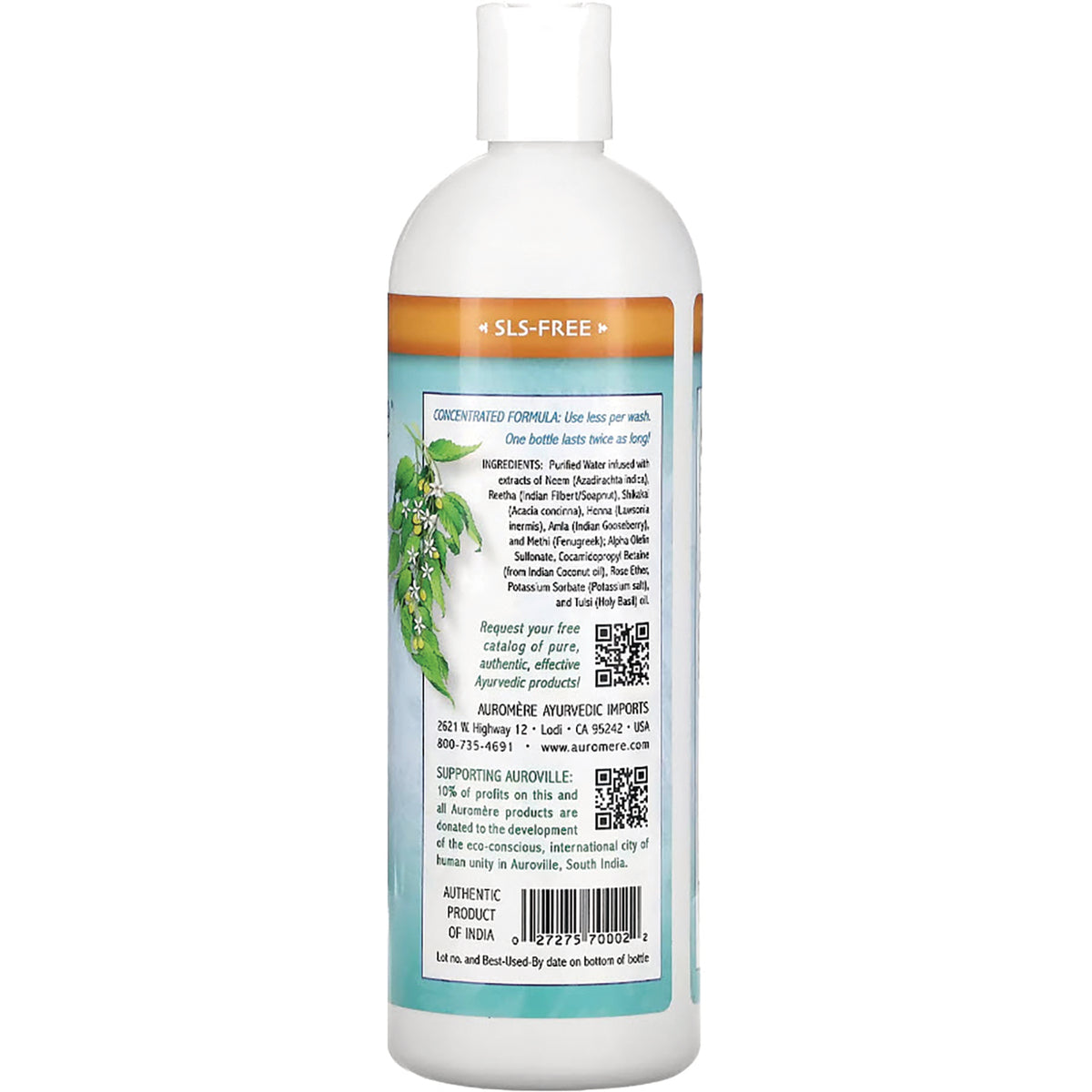 AUR019 | back label of white bottle showing ingredients, SLS-FREE header, QR codes and barcode