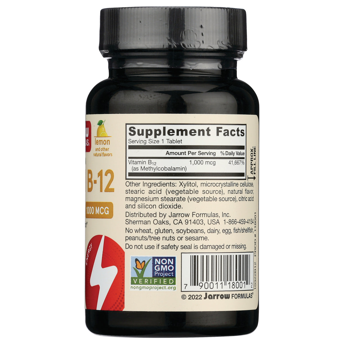 JR029 | Back label of supplement bottle showing Supplement Facts with Vitamin B12 1,000 mcg, ingredients, barcode and Non-GMO seal