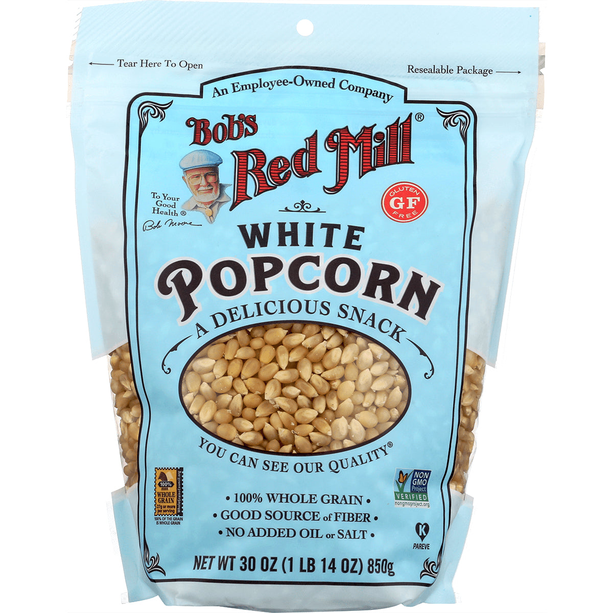 BOB327 | Bob's Red Mill white popcorn bag with clear window showing kernels, 30 oz resealable package