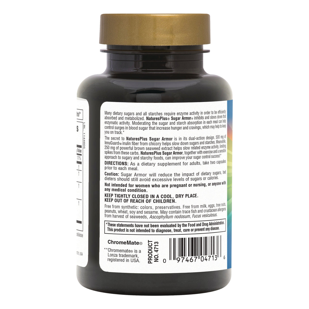 NTP278 | Back label of NaturesPlus Sugar Armor supplement bottle with directions, cautions, and barcode