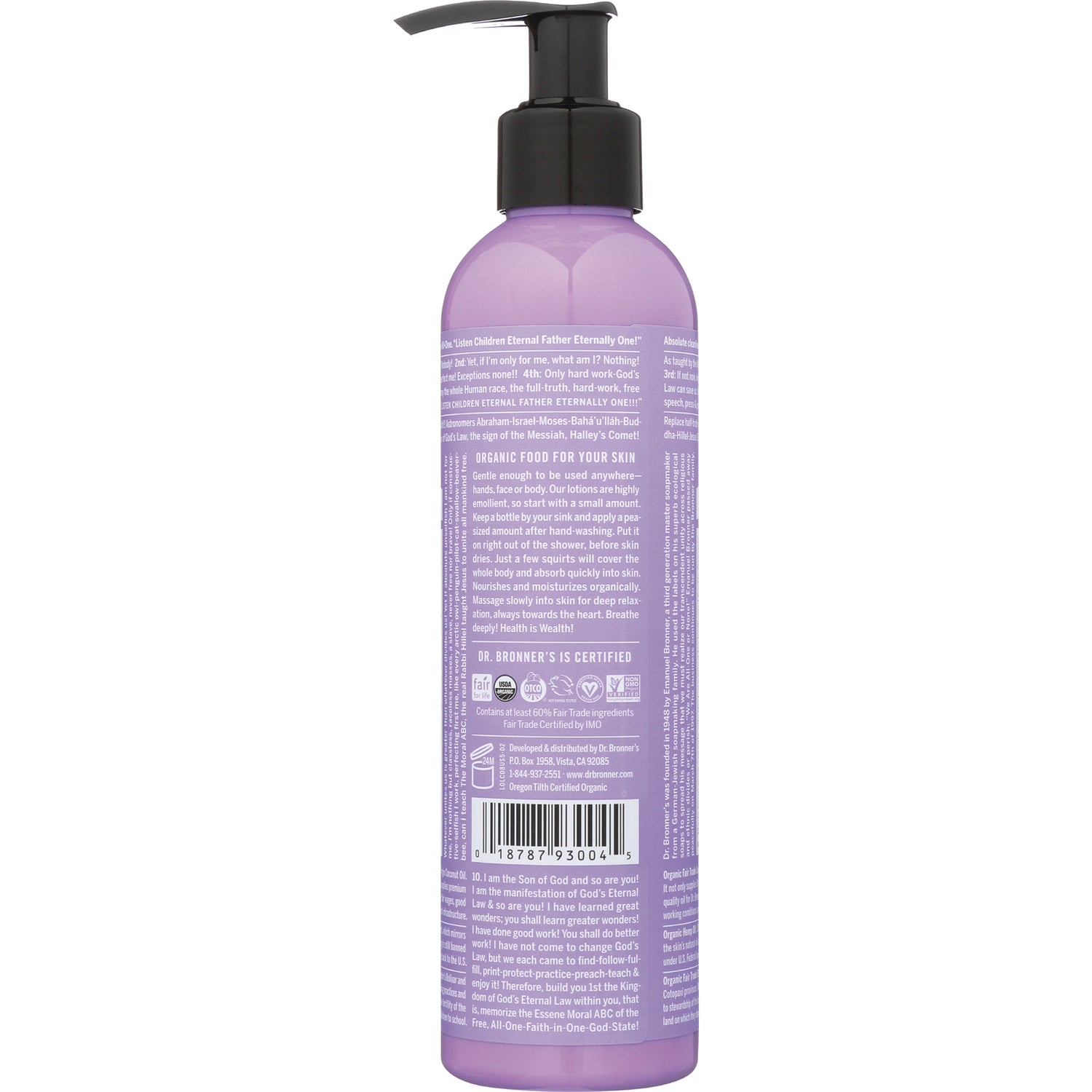 DRB034 | back label of tall purple pump bottle showing ingredient text, certifications, and barcode