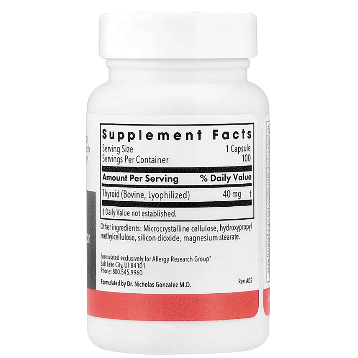 ARG017 | supplement facts panel on back of white bottle showing Thyroid 40 mg and other ingredients