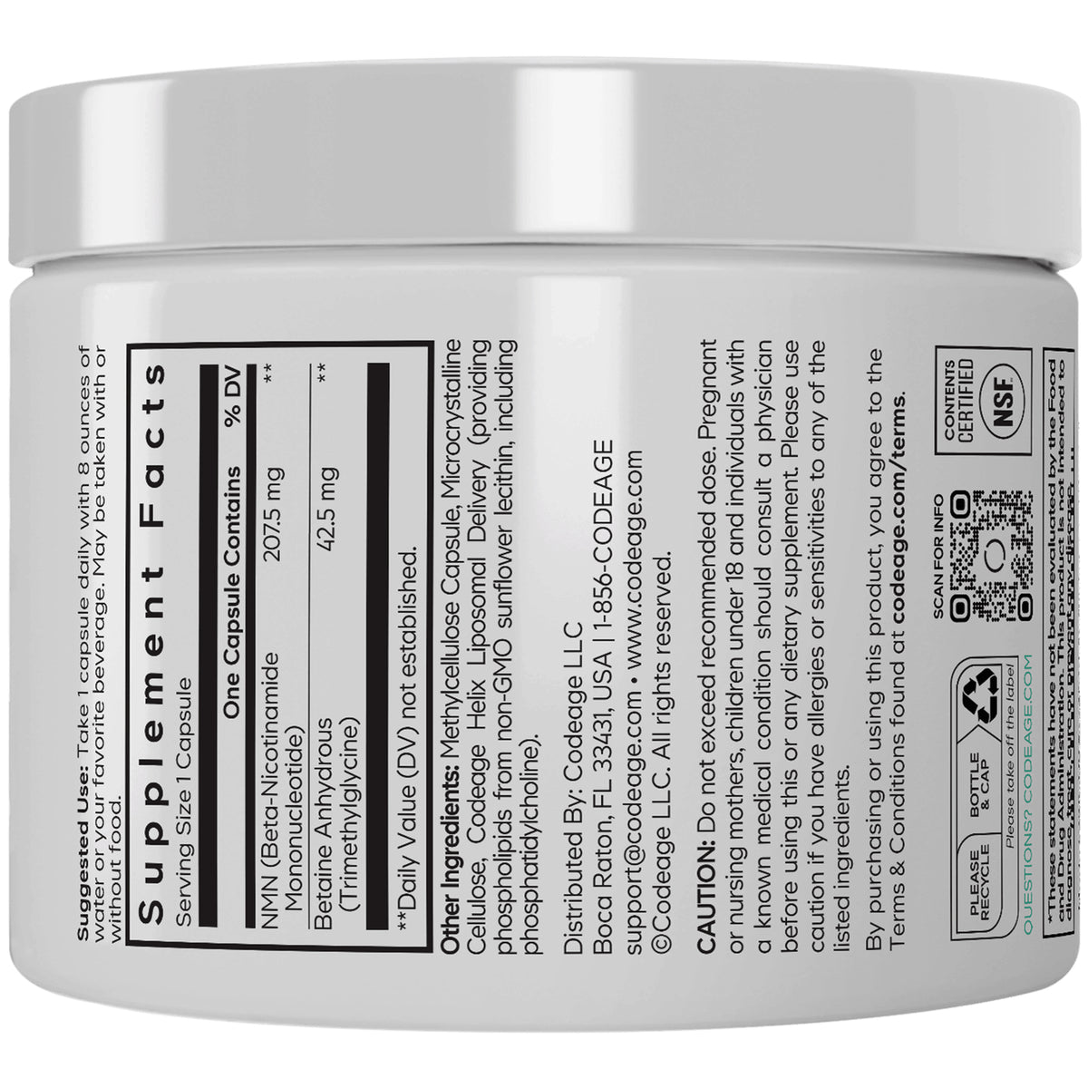 CDG039 | Supplement facts and ingredients label on white bottle showing NMN 207.5 mg, betaine 42.5 mg, directions and caution