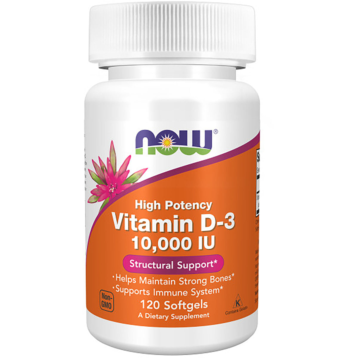 NWF1194 | NOW Vitamin D-3 10,000 IU 120 softgels white bottle with orange label