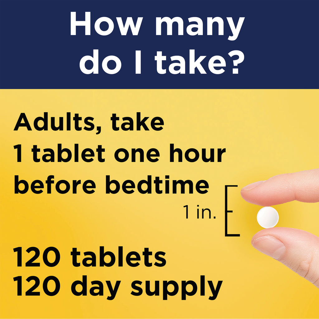 NTM142 | Dosing infographic: adults take 1 tablet one hour before bedtime; hand holds small white tablet next to 1 in scale, 120 tablets 120 day supply - Thumbnail