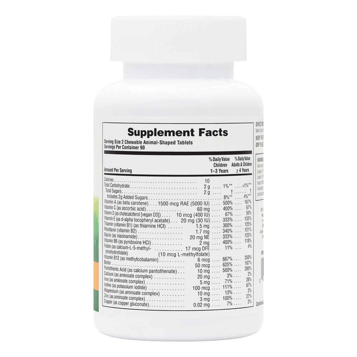 NTP004 | Back of white supplement bottle showing Supplement Facts panel and nutrition facts for chewable animal-shaped tablets